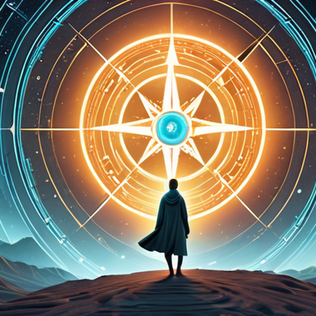 **Image Prompt 1: Inner Value Compass**
    A lone figure stands at the center of a swirling, chaotic landscape of abstract data and information overload, holding a glowing, ethereal compass that projects a clear, bright path forward. The figure's posture is confident and serene, embodying clarity and purpose found amidst uncertainty. Soft, guiding light illuminates the path, while the background suggests vastness and complexity. Emphasize a sense of direction and inner peace. Futuristic, minimalist digital art with a touch of surrealism, soft gradient lighting.