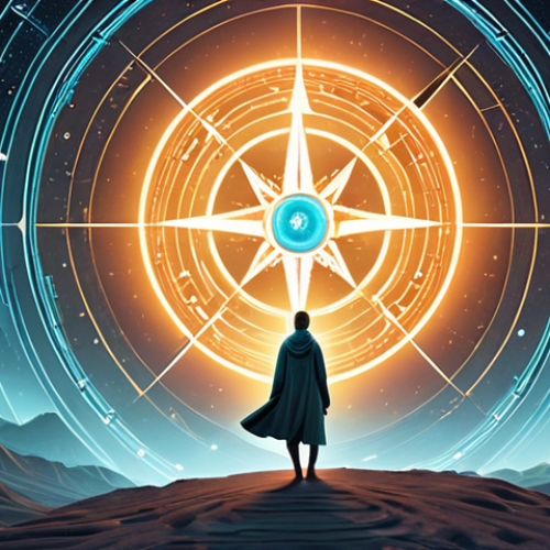 Home 24 **Image Prompt 1: Inner Value Compass**
A lone figure stands at the center of a swirling, chaotic landscape of abstract data and information overload, holding a glowing, ethereal compass that projects a clear, bright path forward. The figure's posture is confident and serene, embodying clarity and purpose found amidst uncertainty. Soft, guiding light illuminates the path, while the background suggests vastness and complexity. Emphasize a sense of direction and inner peace. Futuristic, minimalist digital art with a touch of surrealism, soft gradient lighting.