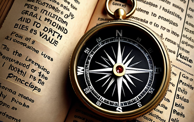 ** A compass pointing to core values as a guiding "North Star" in life, symbolizing the importance of identifying personal principles and beliefs.
**
