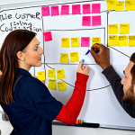 **

A diverse team brainstorming together, writing values like "Innovation," "Collaboration," and "Customer Focus" on sticky notes and placing them on a whiteboard. The atmosphere is energetic and collaborative.

**