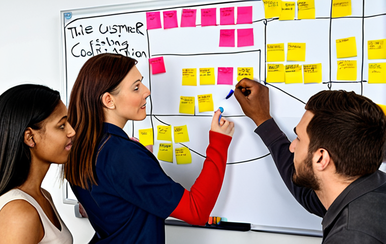 **
A diverse team brainstorming together, writing values like "Innovation," "Collaboration," and "Customer Focus" on sticky notes and placing them on a whiteboard. The atmosphere is energetic and collaborative.
**