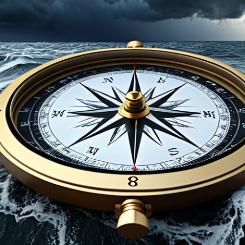 Home 10 **A compass amidst a stormy sea, symbolizing navigating life's uncertainties with personal values. Overlay data visualizations subtly within the compass rose, representing data-informed decisions. The sky should have both dark storm clouds and patches of clear, bright sky.**