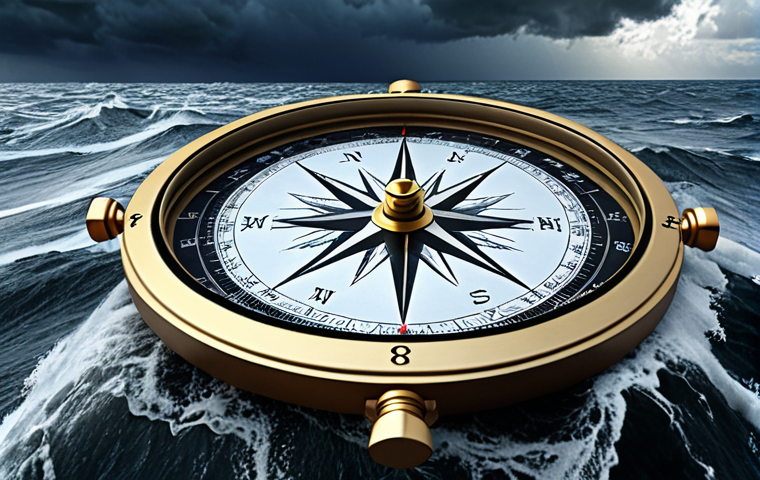 **A compass amidst a stormy sea, symbolizing navigating life's uncertainties with personal values. Overlay data visualizations subtly within the compass rose, representing data-informed decisions. The sky should have both dark storm clouds and patches of clear, bright sky.**